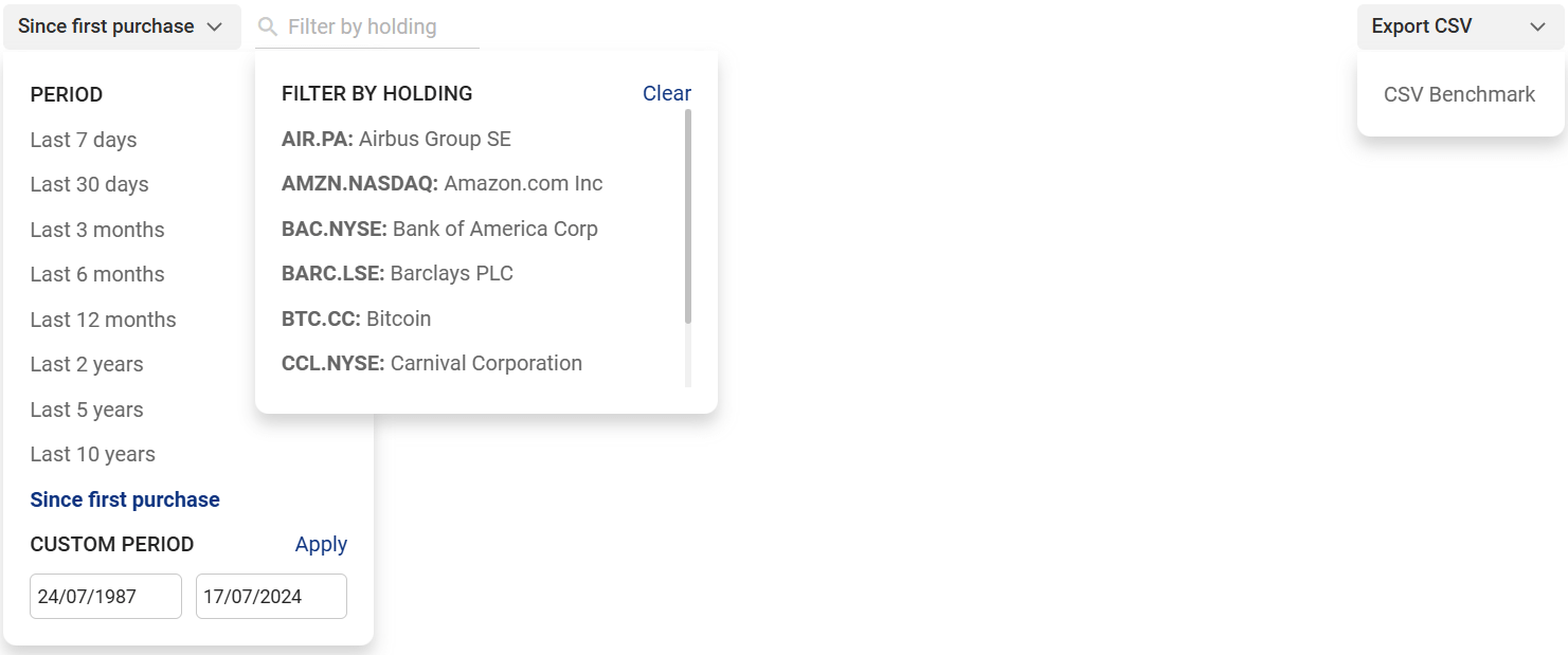 Benchmarking report filter options: period selection, filter by holding, CSV export