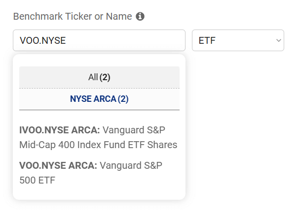 Pro Stock Tracker Benchmarking Report input field for selecting a benchmark to compare portfolio performance against