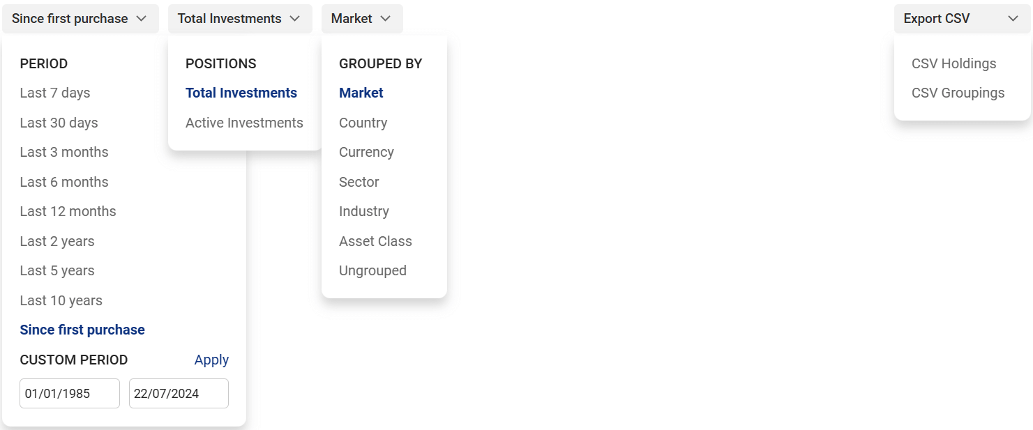 Report options: date range, active/all investments, grouping, CSV export