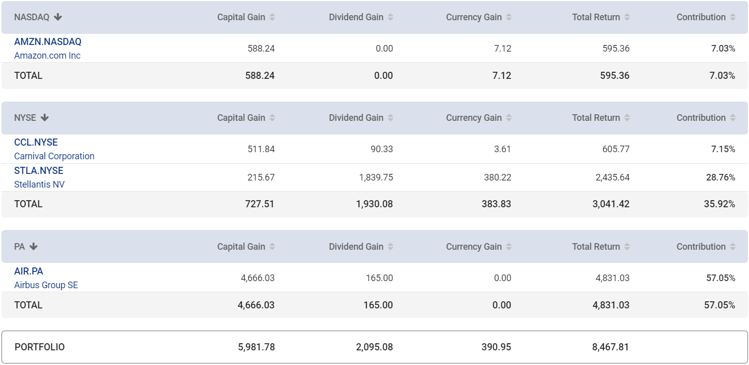 Table detailing holdings, groups, their returns, and contributions to the overall portfolio