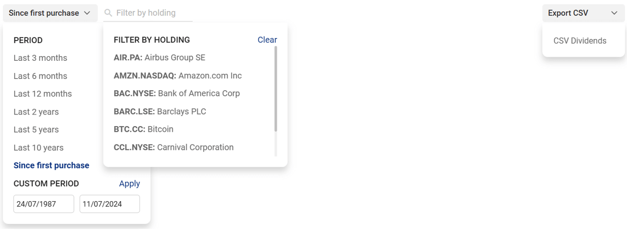 Dividend report filter options: date range, filter by holding, CSV export.