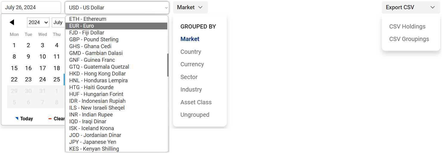 Multi-Currency Report filter options: date, currency, grouping, CSV export