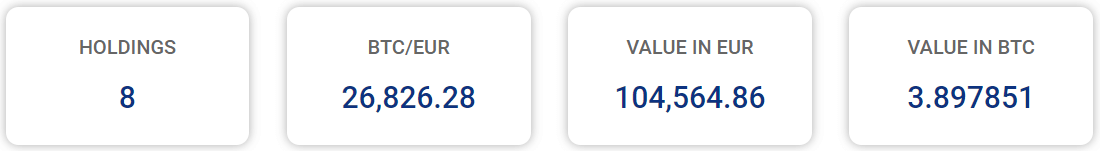 Tabs summarizing key portfolio metrics: holdings, exchange rate, base currency value, chosen currency value