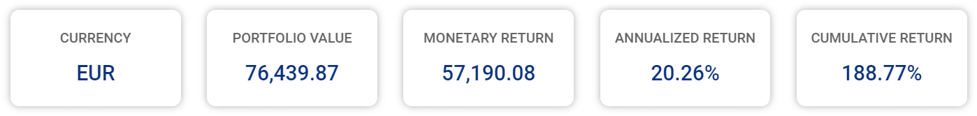 Tabs summarizing portfolio metrics: currency, value, gains, annualized return, cumulative return.