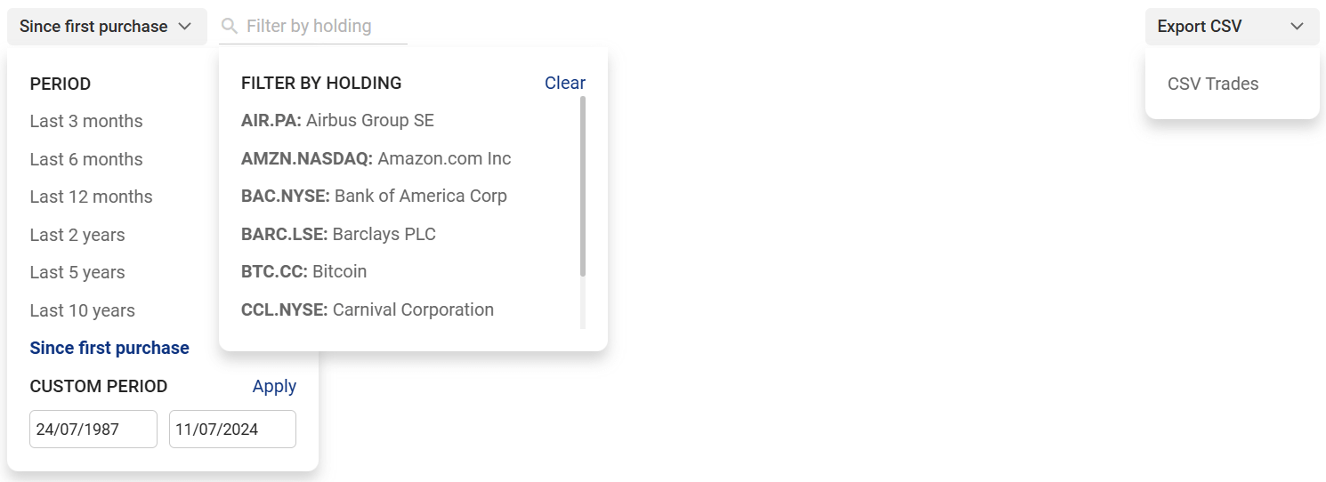 Trade report filter options: date range, filter by holding, CSV export.