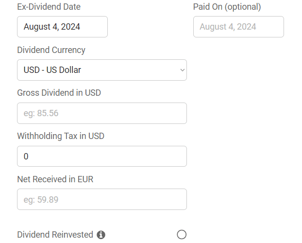 Pro Stock Tracker form for entering details of a dividend transaction