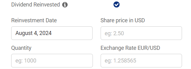 Pro Stock Tracker form for entering details of a reinvested dividend trade