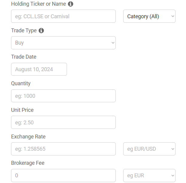 Pro Stock Tracker 'New Holding' form with fields for ticker, trade type, date, quantity, price, exchange rate, and fees