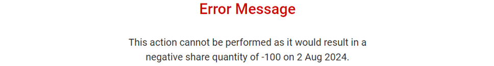 Pro Stock Tracker error message warning of a negative position when saving a trade