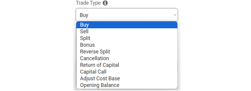 Pro Stock Tracker dropdown menu for selecting trade types (Buy, Sell, Split, etc.)