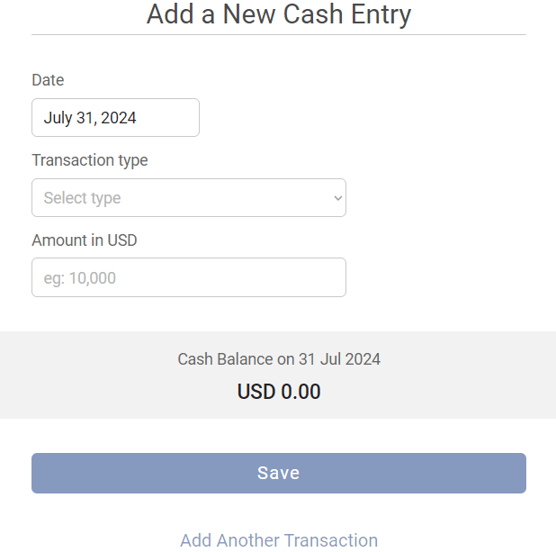 Pro Stock Tracker "New Cash Entry" form to add deposits, withdrawals, and other cash transactions