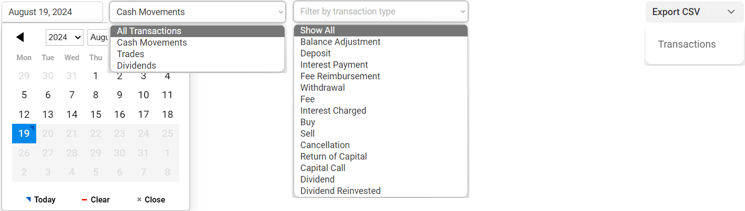 Pro Stock Tracker Cash Account filters for date, transaction category, and type, with export option