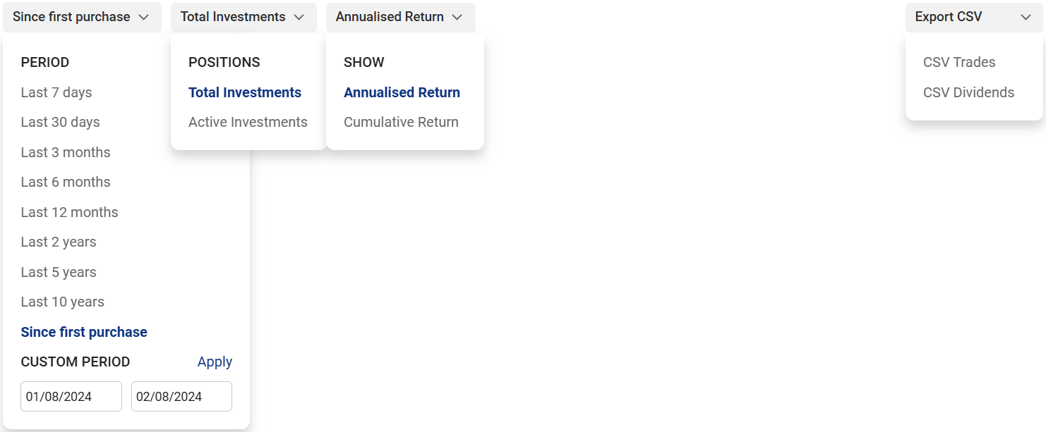 Holding report filters: period, total/active positions, return view, CSV export
