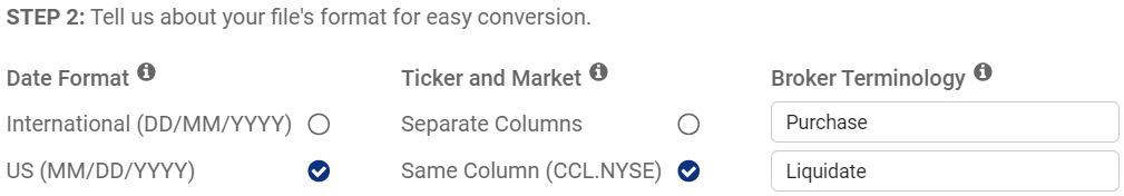 Configuring date format, ticker/market, and broker terminology for CSV import in Pro Stock Tracker