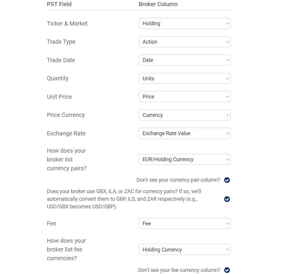 Mapping CSV columns to corresponding Pro Stock Tracker fields for import