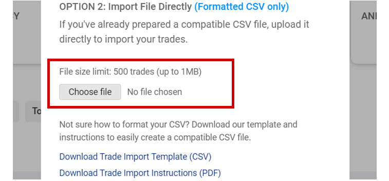 Highlighting the "Choose File" option for direct CSV import in Pro Stock Tracker