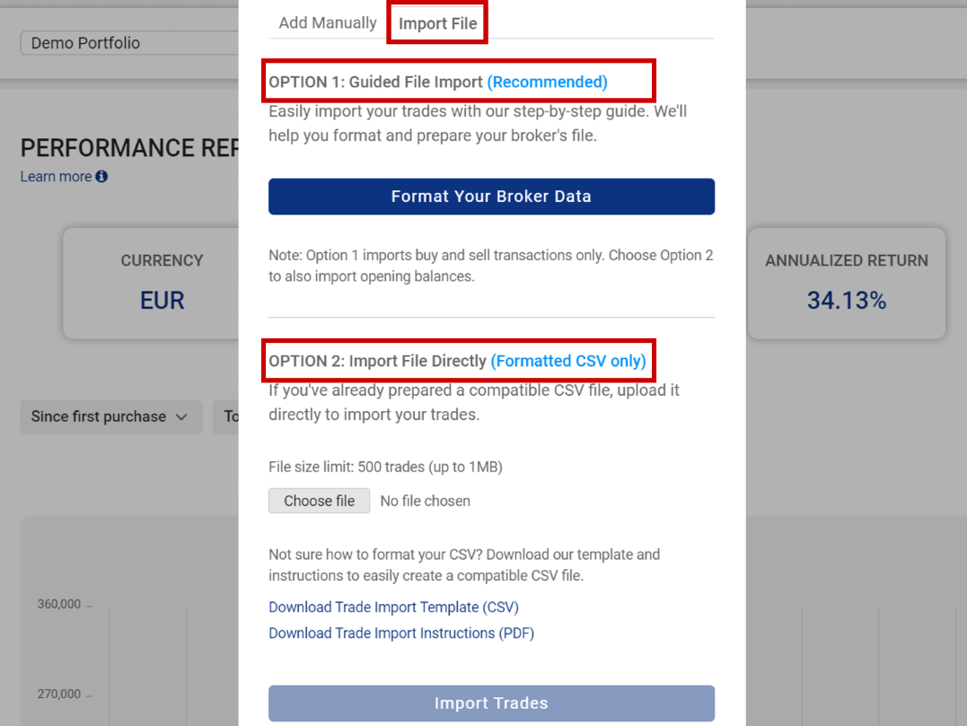 Pro Stock Tracker's CSV Import form: Select either "Guided File Import" or "Import File Directly"