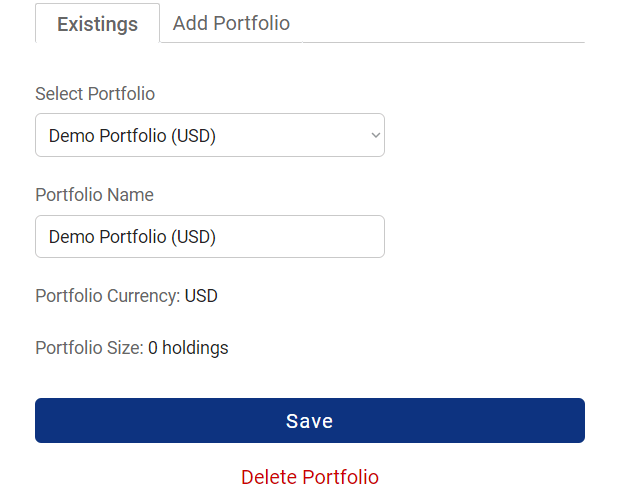 Pro Stock Tracker form for editing an existing portfolio's details