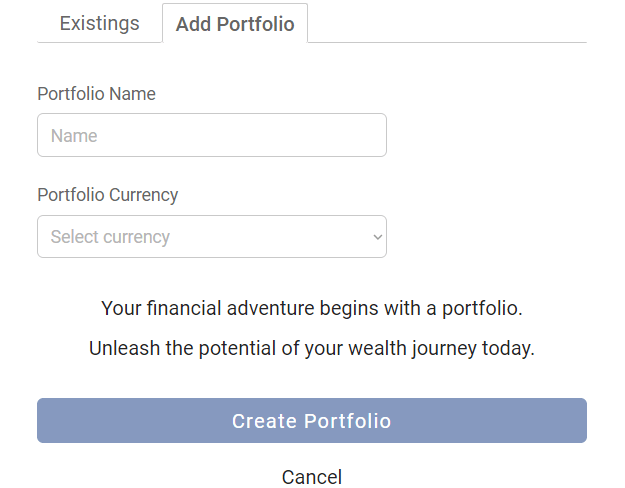 Pro Stock Tracker form for creating a new portfolio with name and currency selection