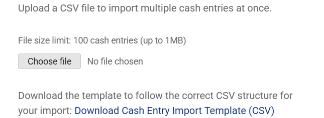 Screenshot showing the “Bulk Cash Import” interface with the upload button highlighted, allowing users to select and upload their CSV file