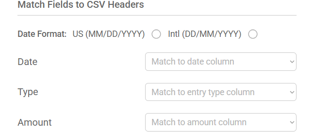 Screenshot of the mapping step where users match CSV columns to the correct fields in Pro Stock Tracker, including dropdowns for Date, Type, and Amount