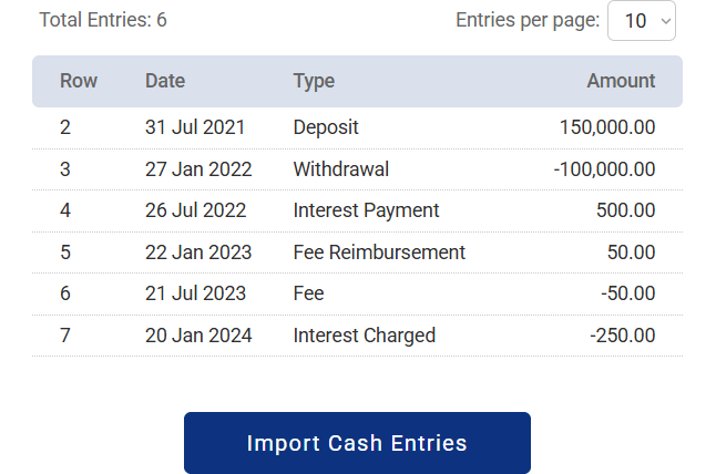 Screenshot displaying the preview table of imported cash entries and the “Import Cash Entries” button visible for final confirmation